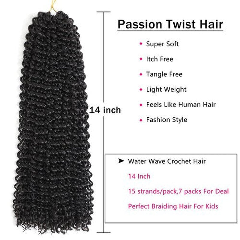 Ahrencan Passion Twist Hair-14 Inch 7 Packs Water Wave Crochet Hair,Black Curly Wrapping Hair For Women Braiding Passion Twist/Butterfly Locs/Spring Twists Crochet Braids(14 Inch, 1B#)