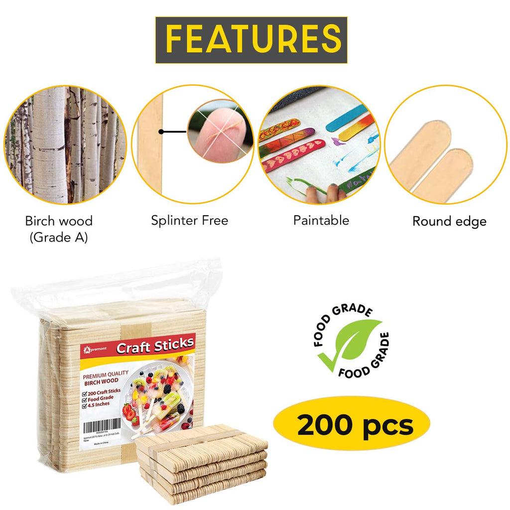 Apremont 200 Pcs - 4.5 inch Natural Wooden Food Grade Craft Sticks - Ice Cream Stick - Popsicle - Suit Crafting, Stirring, Paddle, Waxing, Small Ice Pop Stick for DIY Kids
