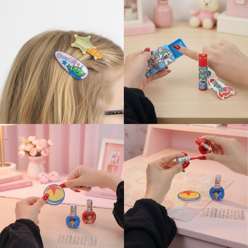 Toy Story Bag Gift Makeup Set Includes 2 Nail Polishes, 1 Lip Gloss, 1 Lip Balm with Keychain, 2 Hair Pins,1 Bag, Perfect for Kids Girls Birthday Gift by Townley Girl