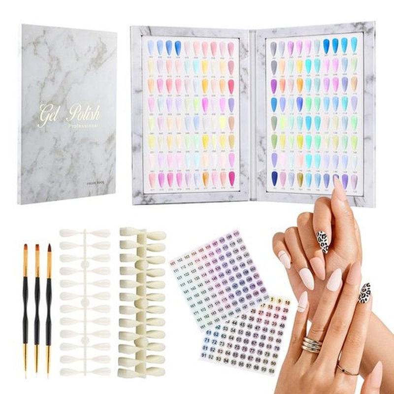 160 Nail Color Book, Professional Nail Color Display Book with 240 N-ail Tips & 1-200 Number Stickers Labels 3 Dual-Ended Nai-l Art Pen, Nai-l Salon Display Booklet(COLOR:White)