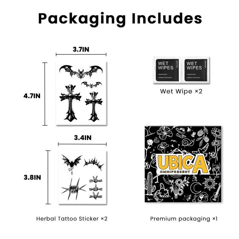 UBICA Semi Permanent Tattoos, 2 Sheets Tiny Realistic Temporary Tattoos for Men Hand Fingers, Fake Tattoo for Party, Waterproof No Reflective, Lasts 2 Weeks (Barbed Wire & Bat Cross Designs)