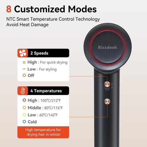 Rizzdeek Dries Hair Quickly 500 Million Ion Hair Dryer, Low Noise 160,000 RPM Professional High Speed Fast Drying Lightweight Blow Dryer with Thermo-Control, Gifts for Women for Home and Travel, Black