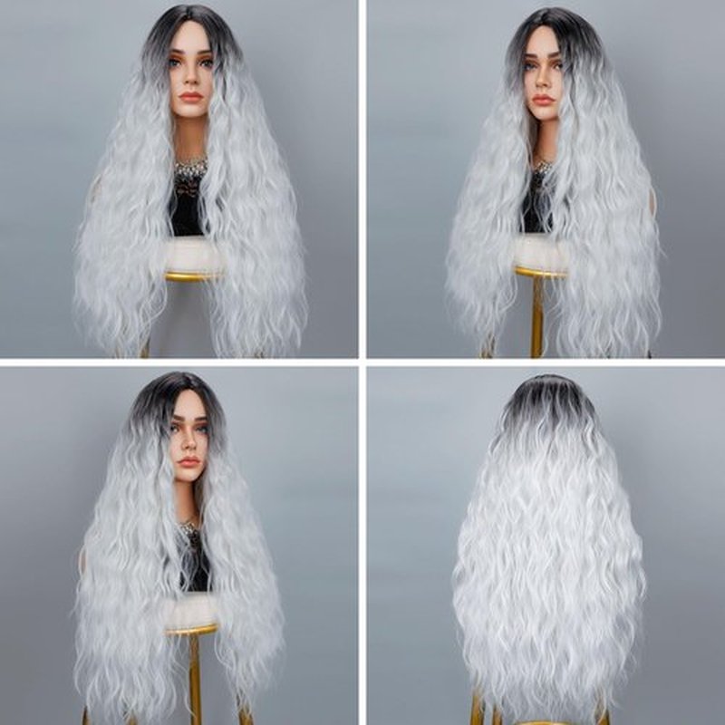 Miuric 30 Inch Long White Silver Wavy Wigs for Women Witch Ombre Grey Colorful Wigs Middle Part Water Wave Dark Roots Wig Women's Curly Wig Synthetic Wig for Cosplay Halloween Party Daily