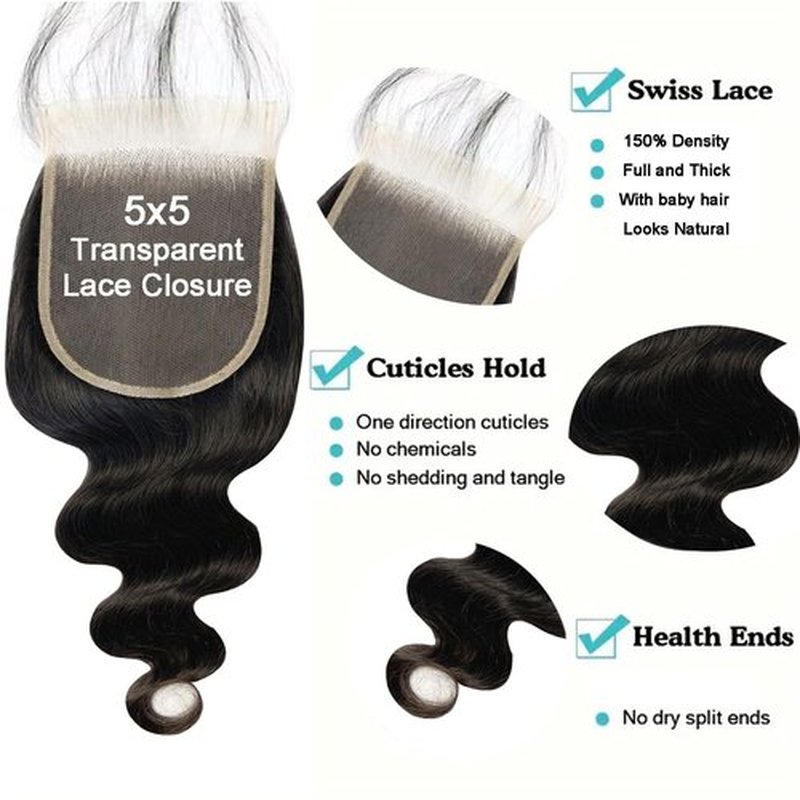 5x5 HD Lace Closure Transparent Frontal 100% Real Body Wave Human Hair 16 Inch HD Lace Closure Only Bleached Small Single Knots Human Hair for Black Women Natural Color