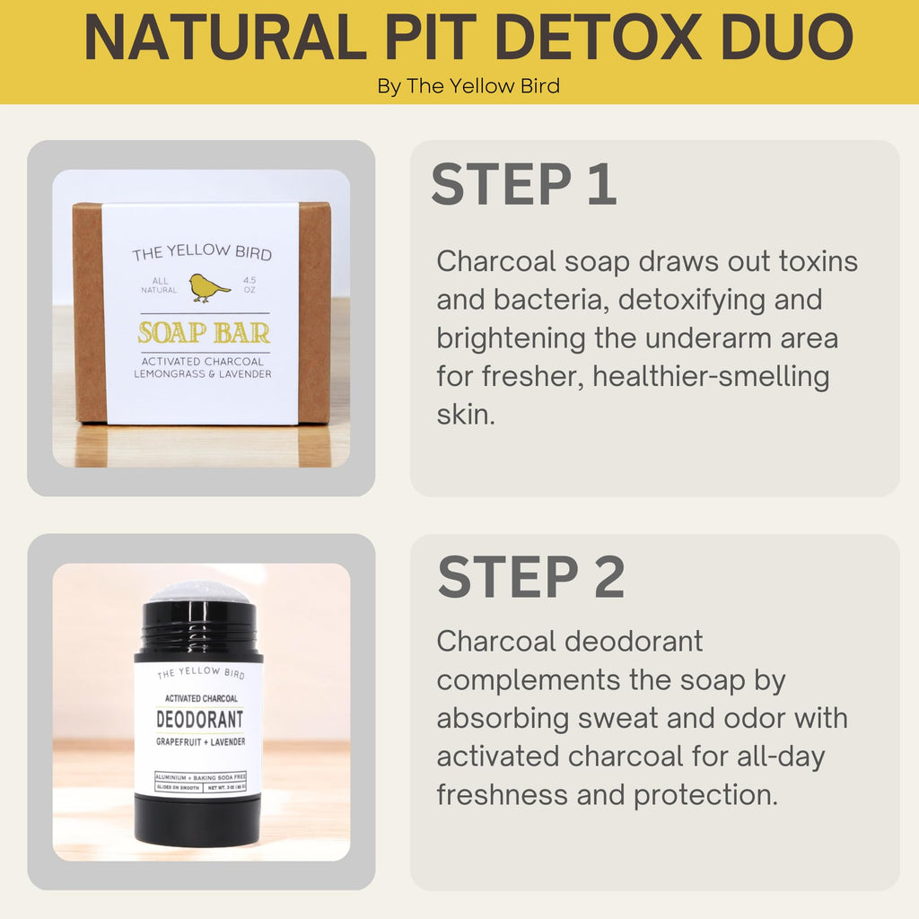 The Yellow Bird Natural Charcoal Deodorant + Armpit Bar Soap Bundle – Aluminum & Baking Soda Free, Vegan, Organic Ingredients – Magnesium for Underarm Pit Detox & Odor – For Sensitive Skin