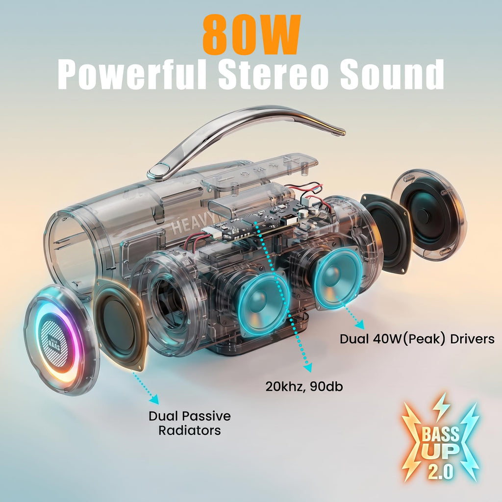 HEAVY BASS Speakers Bluetooth Wireless, 80W Max Loud Portable Speaker with Deep Bass, 20H Playtime, IPX6 Waterproof, Dual Pairing, Perfect for Home,Party,Travel,Outdoors