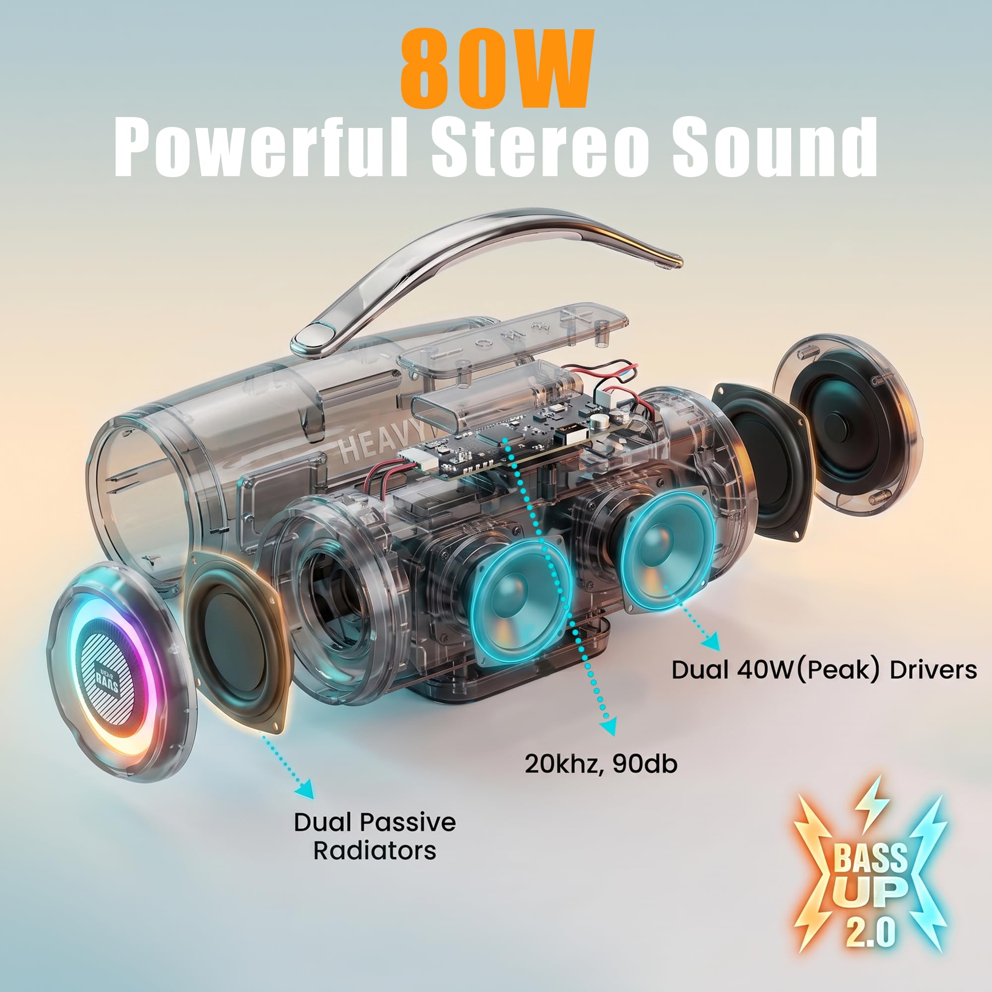 HEAVY BASS Speakers Bluetooth Wireless, 80W Max Loud Portable Speaker with Deep Bass, 20H Playtime, IPX6 Waterproof, Dual Pairing, Perfect for Home,Party,Travel,Outdoors