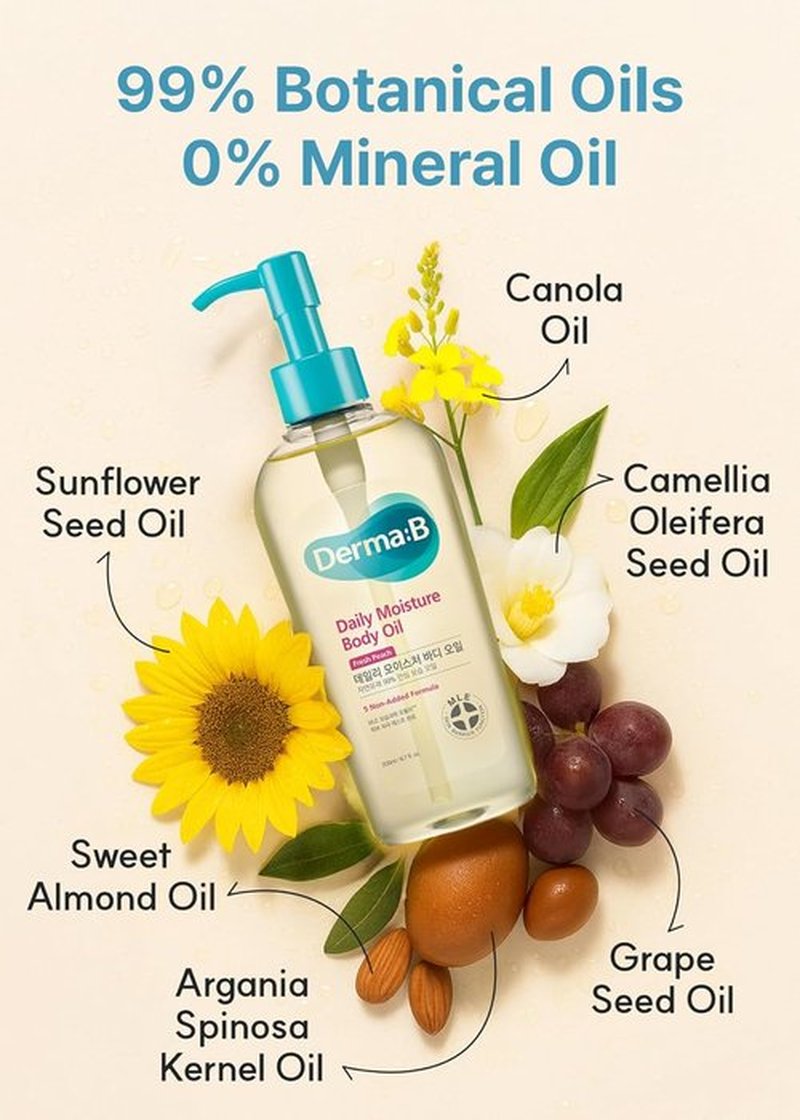 Derma B Daily Moisture Body Oil - 99% Natural Argan & Sweet Almond | Hydrating Shower Oil for Dry Skin | 6.78 fl oz (200ml)