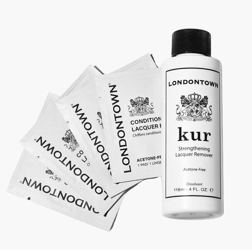 LONDONTOWN Home & Away Remover Set - Acetone-Free Nail Polish Remover, 4fl oz, and Strengthening & Conditioning Nail Lacquer Removing Pads, 4 Pieces