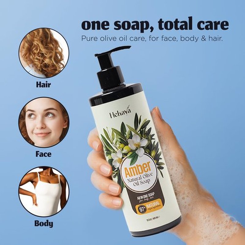 Hekaya Natural Olive Oil Liquid Soap – Amber Scent | Handmade, Vegan, Sulfate & Paraben Free | Face, Body & Hand Wash | Moisturizing Castile Soap | 13.5 fl oz Pump Bottle