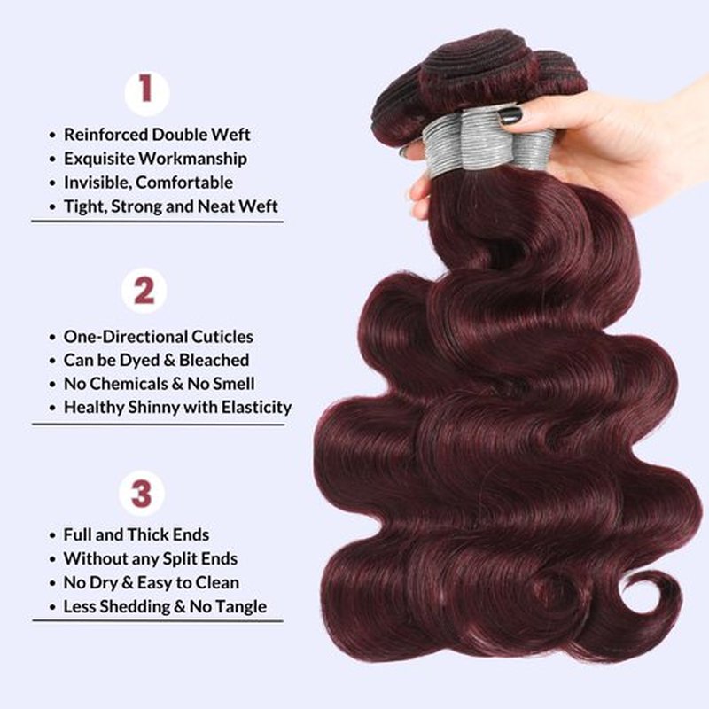 99j Dark Burgundy Body Wave 3 Bundles with 4x4 Closure Human Hair HD Lace Free Part, 12A Soft and Glossy #99j Wine Color 100% Brazilian Virgin Remy Hair Bundles with Closure 10 12 14+10 Inch