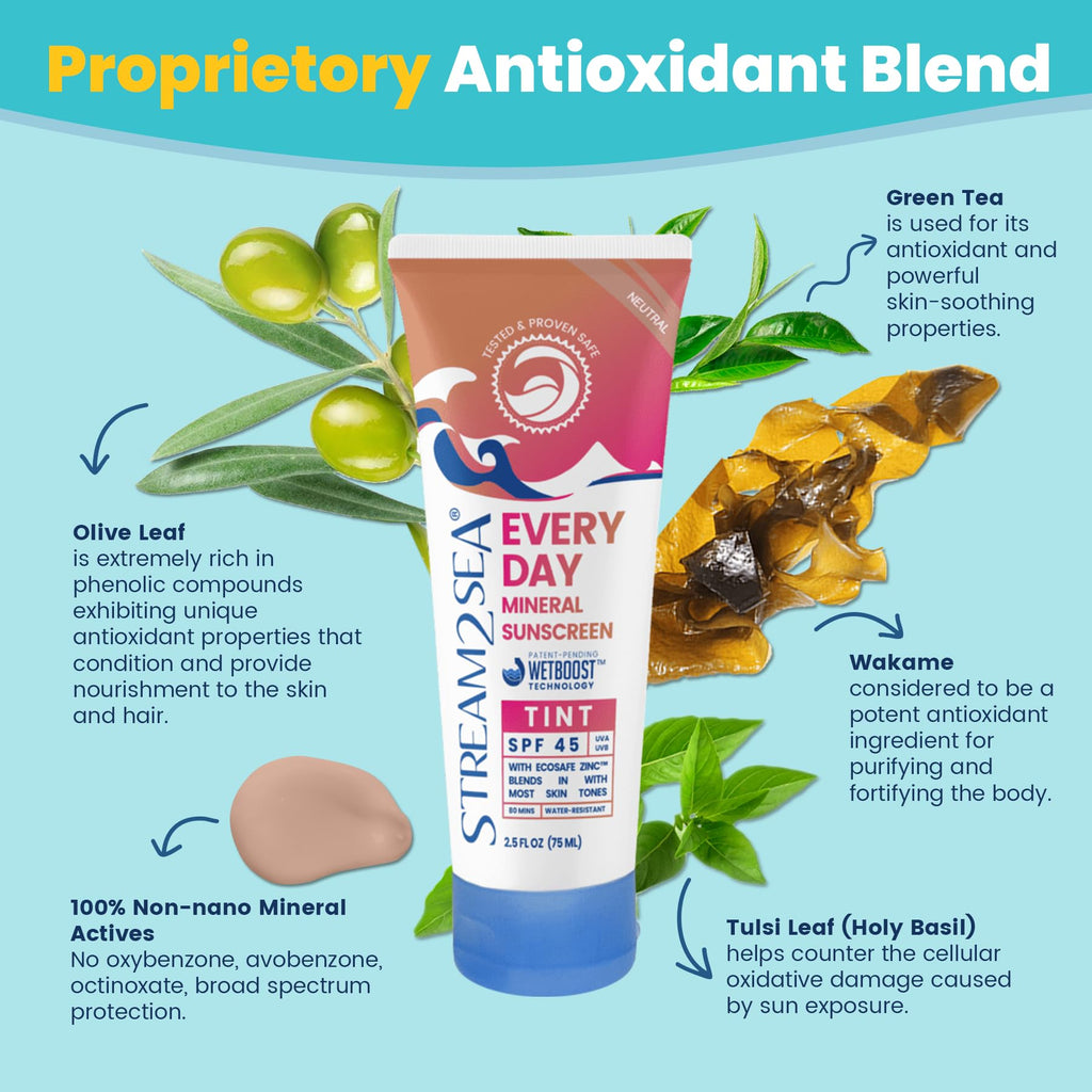 STREAM 2 SEA Every Day Tint Mineral Sunscreen SPF 45 Broad Spectrum — No White Cast | Reef Safe, Biodegradable, EWG Verified | Zinc Oxide Dewy Makeup Base, Water Resistant | Face & Body 2.5 Fl Oz