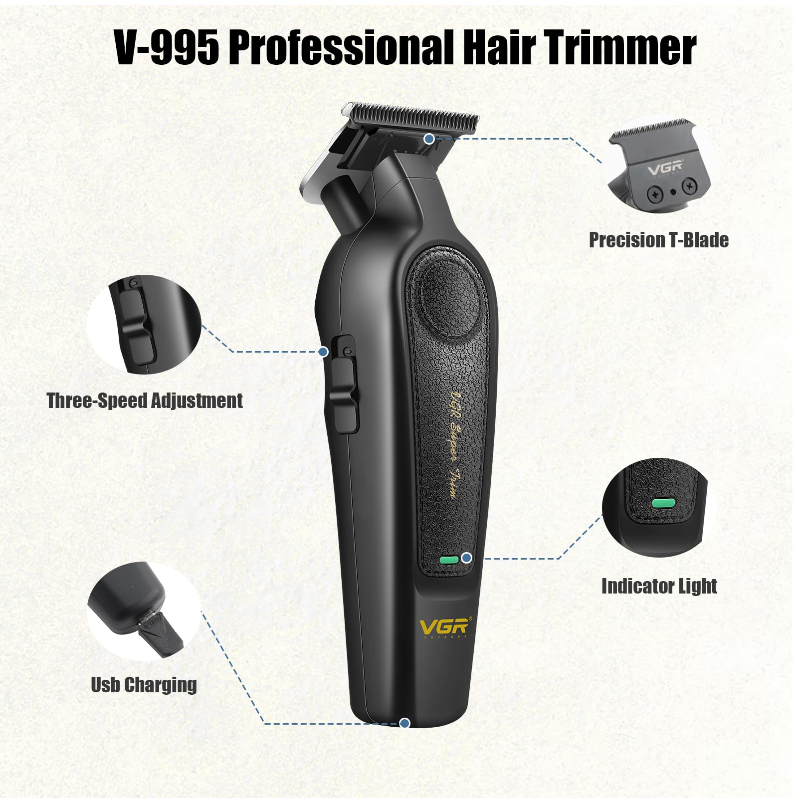 VGR Professional Hair Clippers for Men - Cordless Barber Clippers & Zero Gapped Trimmer Set, 7000RPM High Power Hair Cutting Kit with Ceramic Blade, USB-C Rechargeable Grooming Tools for Fade V197&995