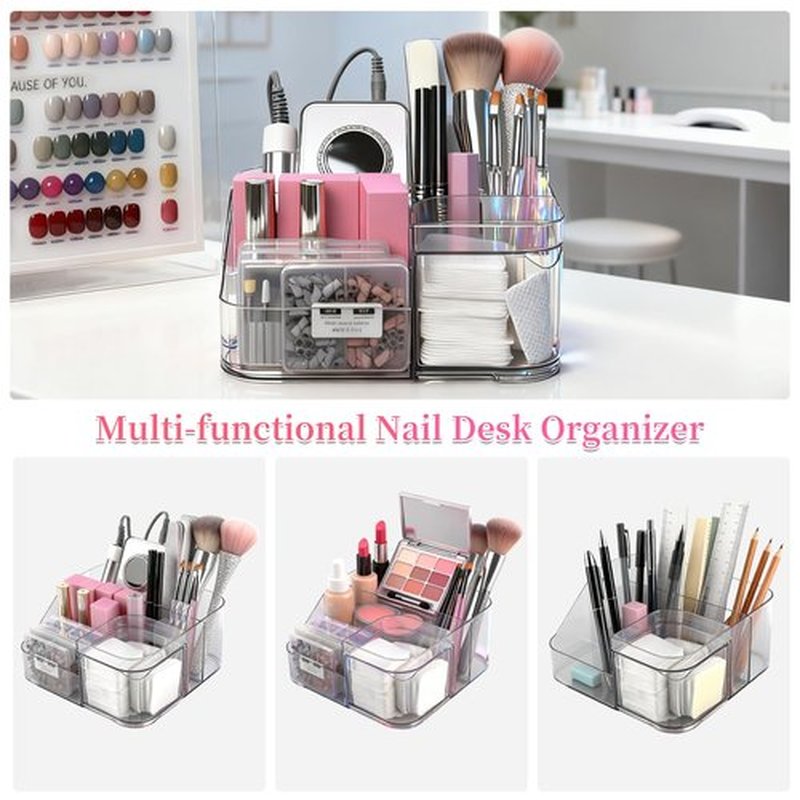 BQAN Transparent Acrylic Nail Desk Organizer, Drill & Brush Holder, Professional Storage Box for Nail Tools, Makeup, Eyeshadows, Skin Care