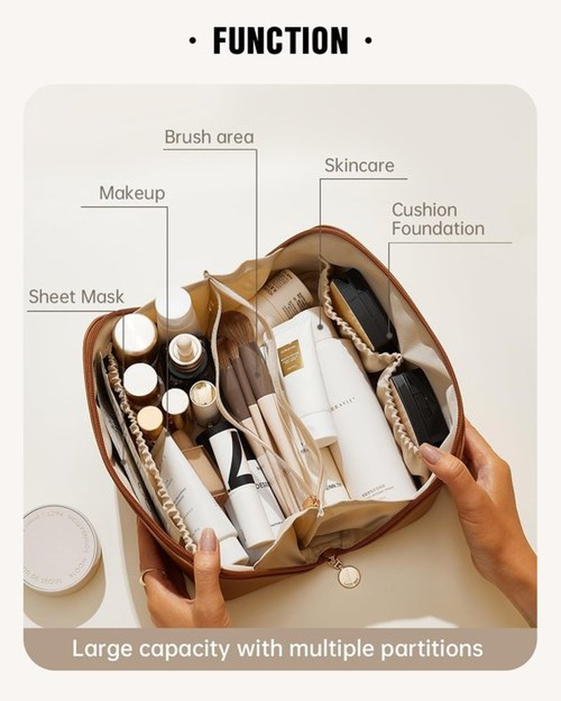 EACHY Travel Makeup Bag - Large Capacity Waterproof PU Leather Cosmetic Organizer for Women