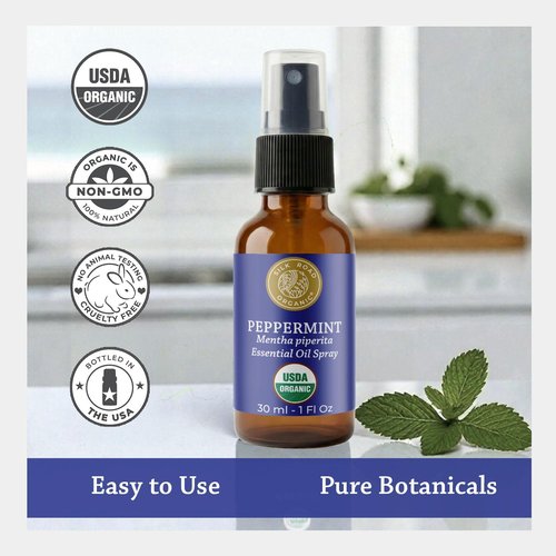 Silk Road Organic Peppermint Essential Oil Spray - Relieve Head Tension & Nausea | 1 oz USDA Certified Aromatherapy