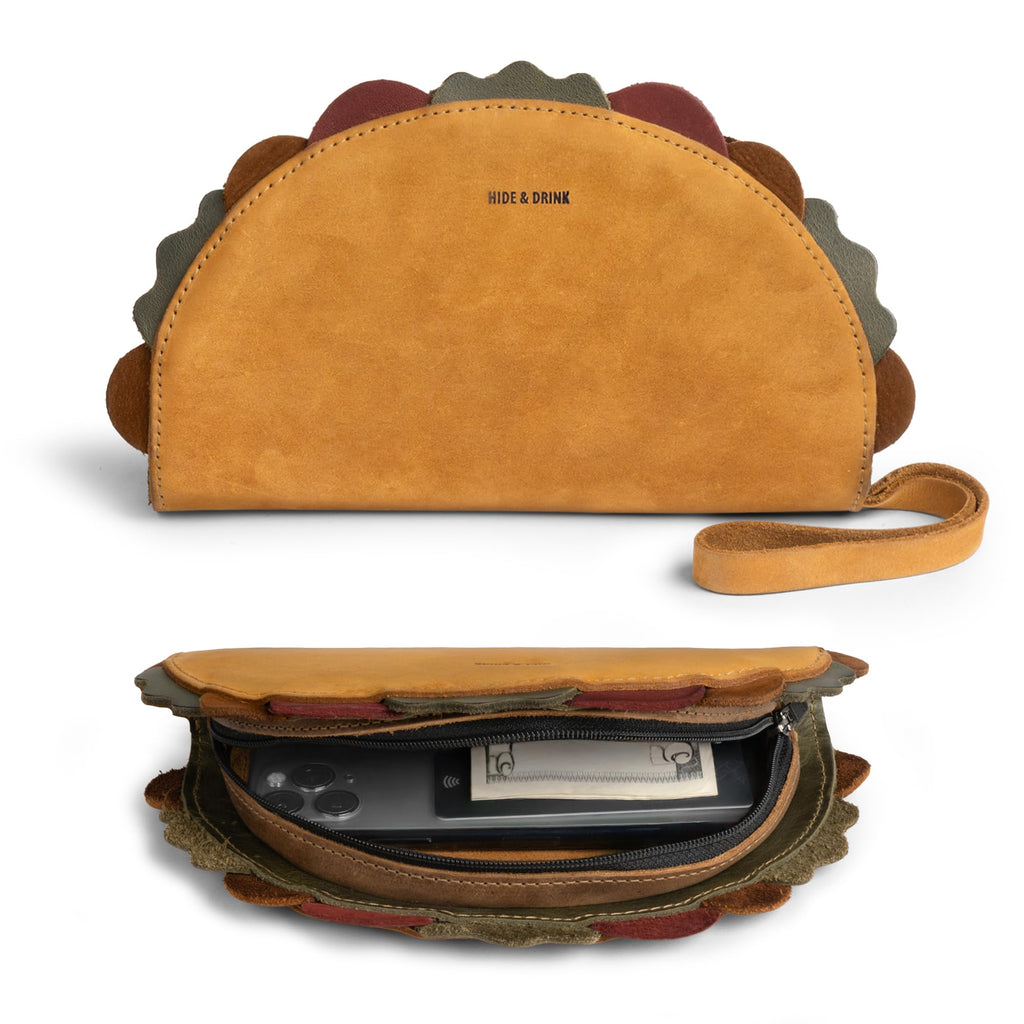 Hide & Drink, Multipurpose Taco Shape Wallet, Make Up Organizer, Cash Holder, Earphones Case, Money Organizer, Full Grain Leather, Handmade Travel Accessories, El Clasico