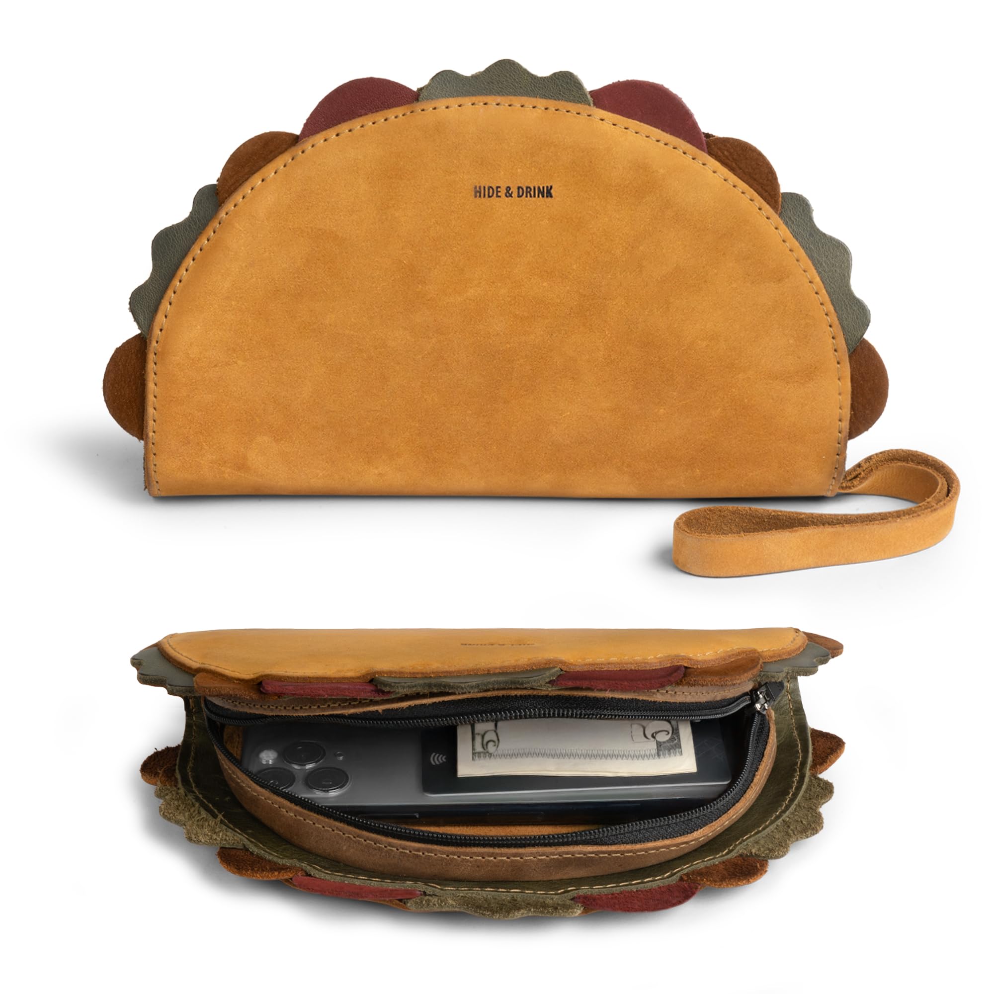 Hide & Drink, Multipurpose Taco Shape Wallet, Make Up Organizer, Cash Holder, Earphones Case, Money Organizer, Full Grain Leather, Handmade Travel Accessories, El Clasico