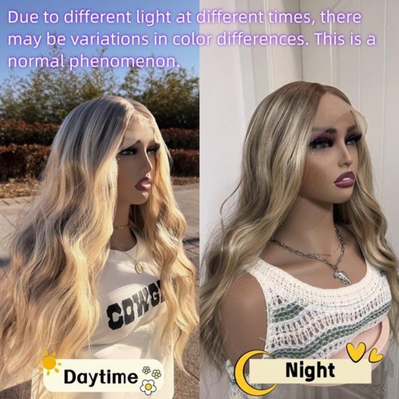 Long Wavy Highlight Ombre Light Blonde Synthetic Heat Resistant Lace Front Wigs with Dark Roots Pre plucked Frontal #26/613 Body Wave Balayage Blonde Wig for Women 13x4 HD Lace Middle Part 22 Inch