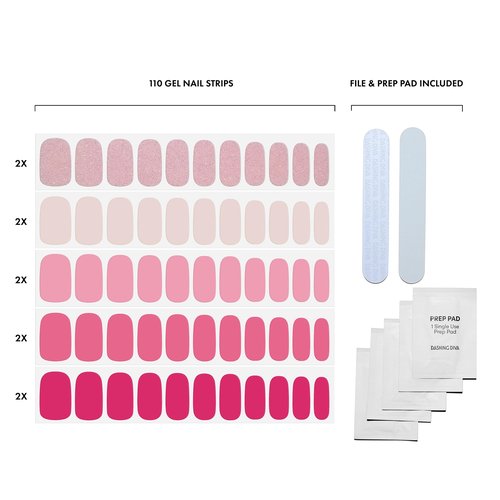 Dashing Diva Gloss Nail Strips 5-in-1 Kit - Best of Pinks - UV Free, Chip Resistant, Long Lasting Gel Nail Stickers - Contains 110 wraps, 5 prep pads, 2 nail files