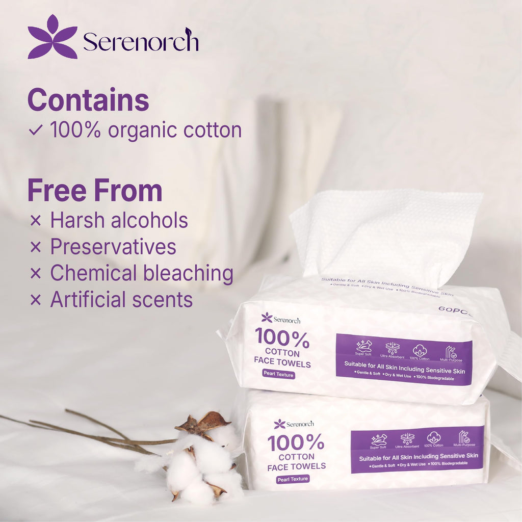 Serenorch Disposable Face Towels Travel Pack 3 Packs (45 Count), XL 10x12 Portable Face Towelettes, Makeup Remover Dry Wipes for Vacation, Gym, Camping and Sensitive Skin