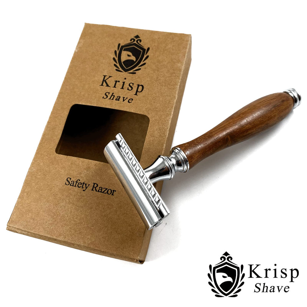 Krisp Shave (4.5 Inch) Long Wood Handle Safety Razor for Men Women - Double Edge Manual Razor - Fits All Double Edge Razor Blade - Comes With 5 Shaving Blades, Brown