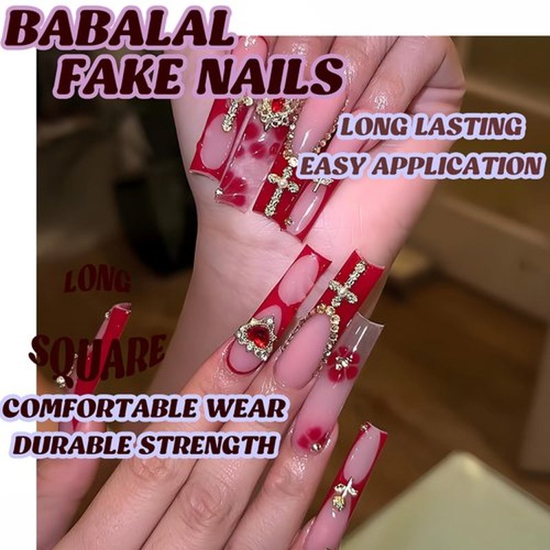 BABALAL Press on Nails Long Square Fake Nails Red French Tip Acrylic Nails Vintage Gold Cross Heart Charm Luxury Acrylic Nails 24pcs Squoval False Nails Supplies Y2k Goth Artificial Nails Art Diy