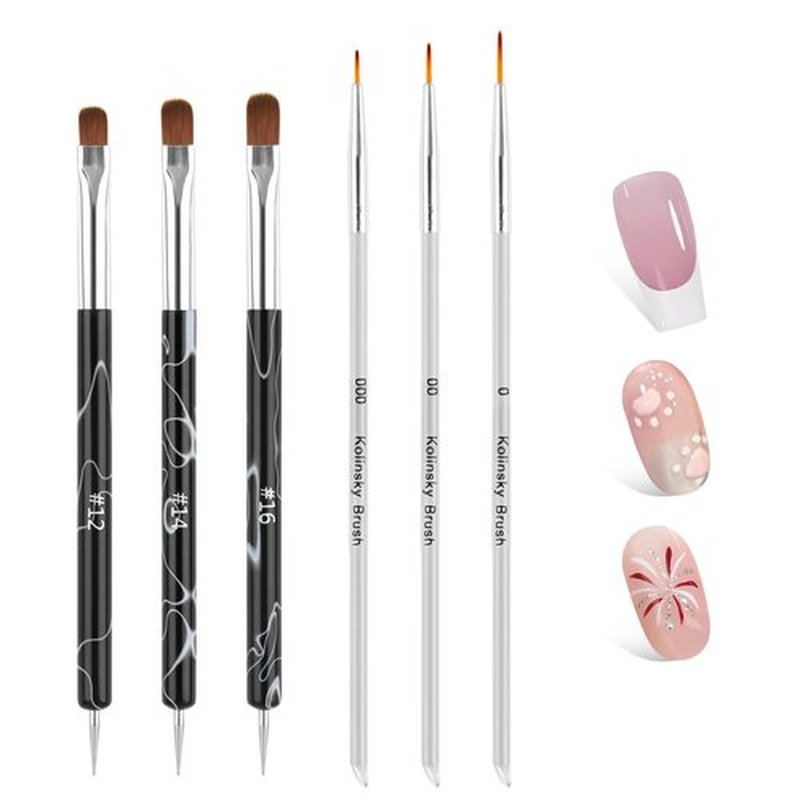6pcs French Tip Tool Brush, 2 Way Cleanup Brush for Gel Polish with Dotting Tool Franch Nail Art Brushes Set Liner Fine Cuticle Beginner 7mm/9mm/11mm, 12#, 14#, 16#