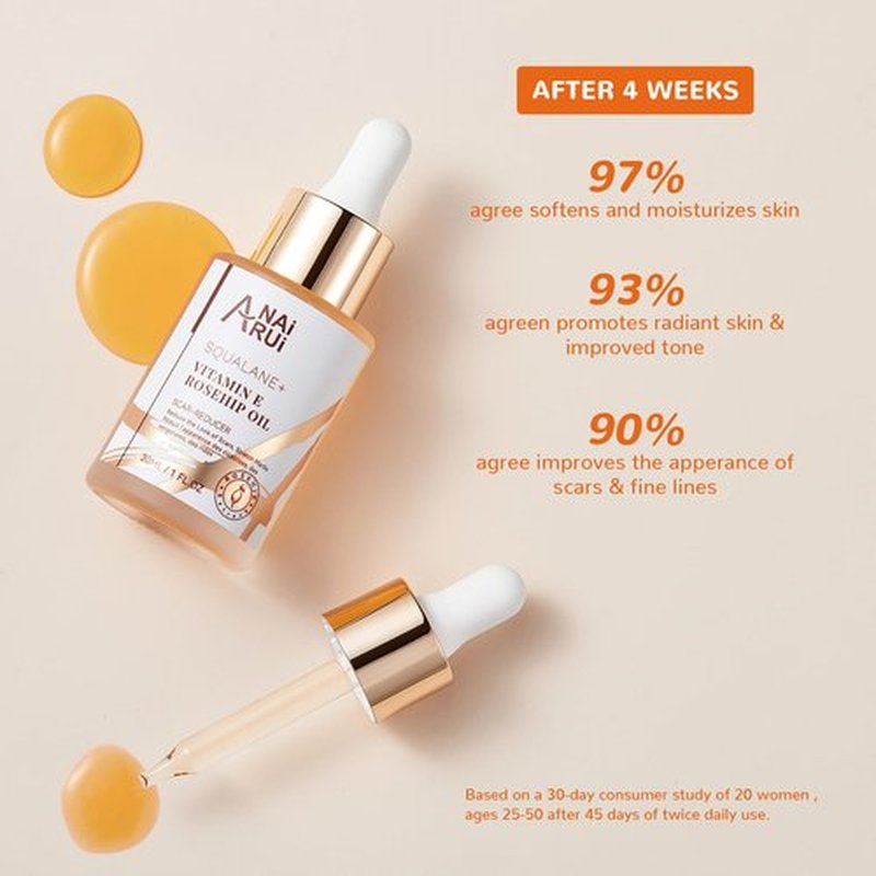 ANAI RUI Squalane + Vitamin E Rosehip Oil Moisturizer for Face,Hair,Skin& Nail Hydrate, Reduce Scars and Stretch Marks, Wrinkles for Smoother, Softer Skin 1 fl. Oz