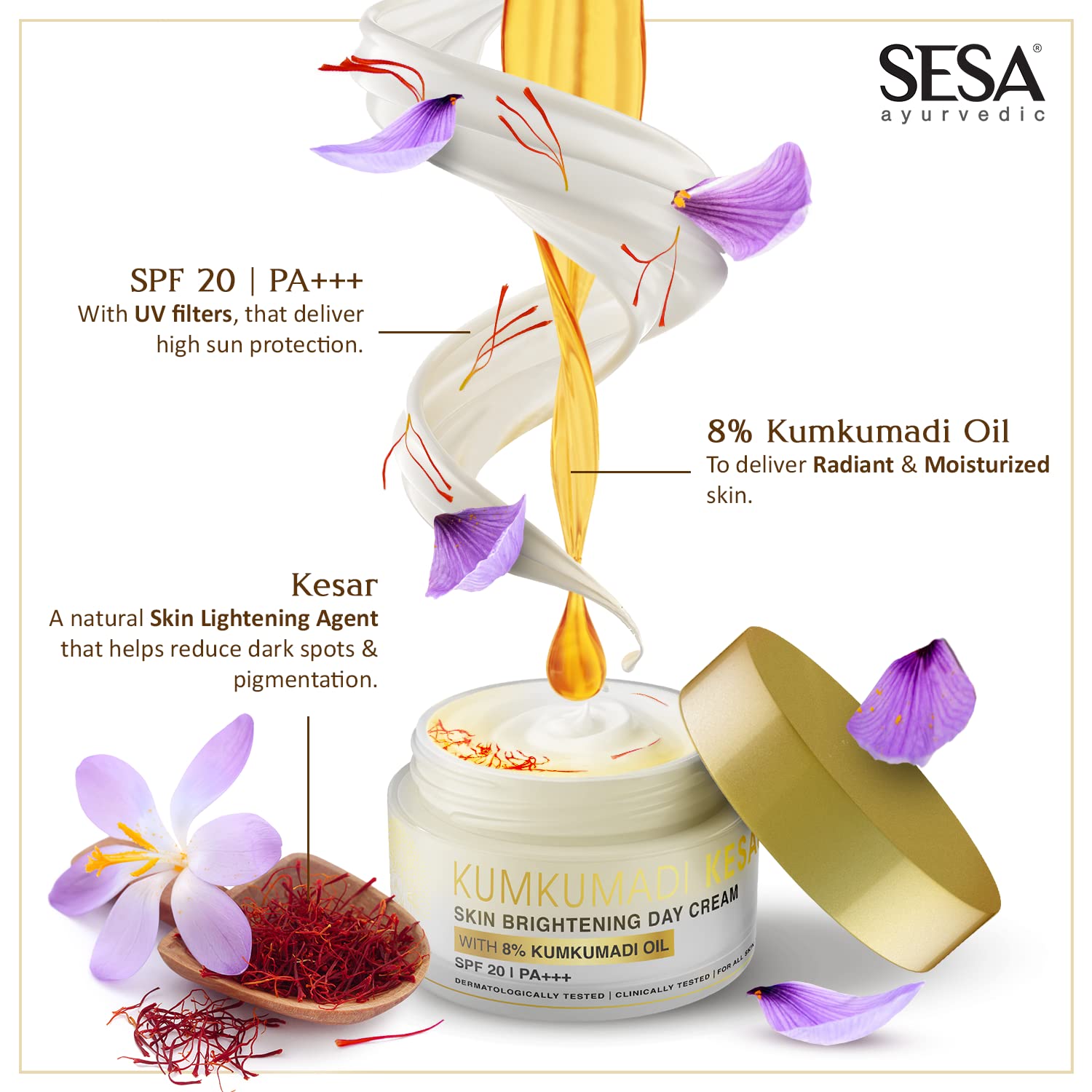 SESA 8% Kumkumadi Kesar Day Cream SPF 20 & PA++ Skin Brightening Ayurvedic Face Moisturizer Face Cream Sun Damage Hydrating with Saffron Lotus Sandalwood for Woman and Men, 50 gm or 1.69 oz