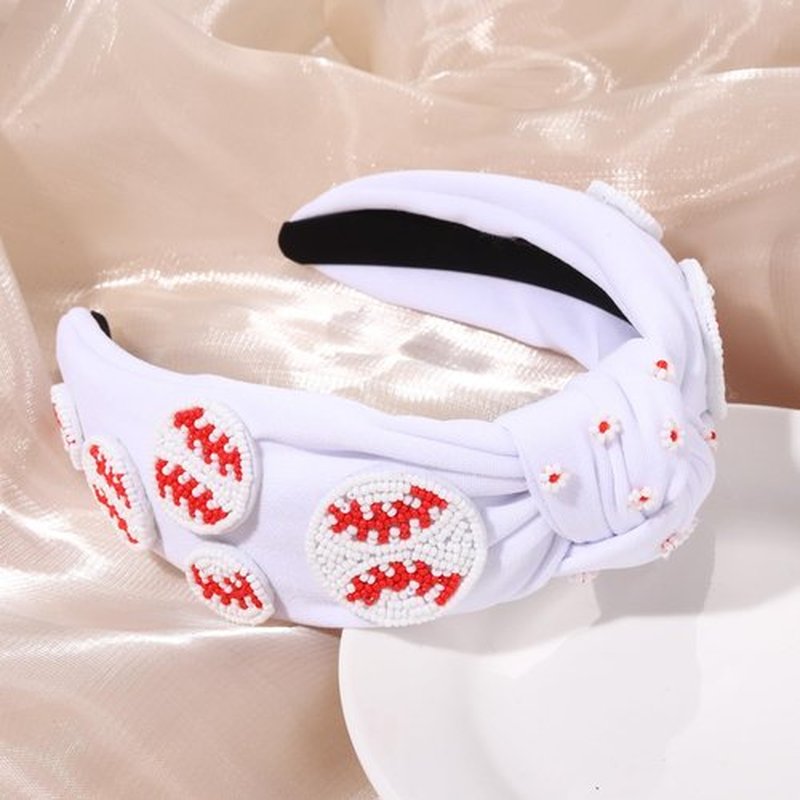 Sport Baseball Beaded White Headband for Women Teacher Beaded Baseball Charm Jeweled Embellished Hairband Fashion Elegant Ladies Wide Top Knot Headband for Game Day Jewelry Hair Accessories Gifts