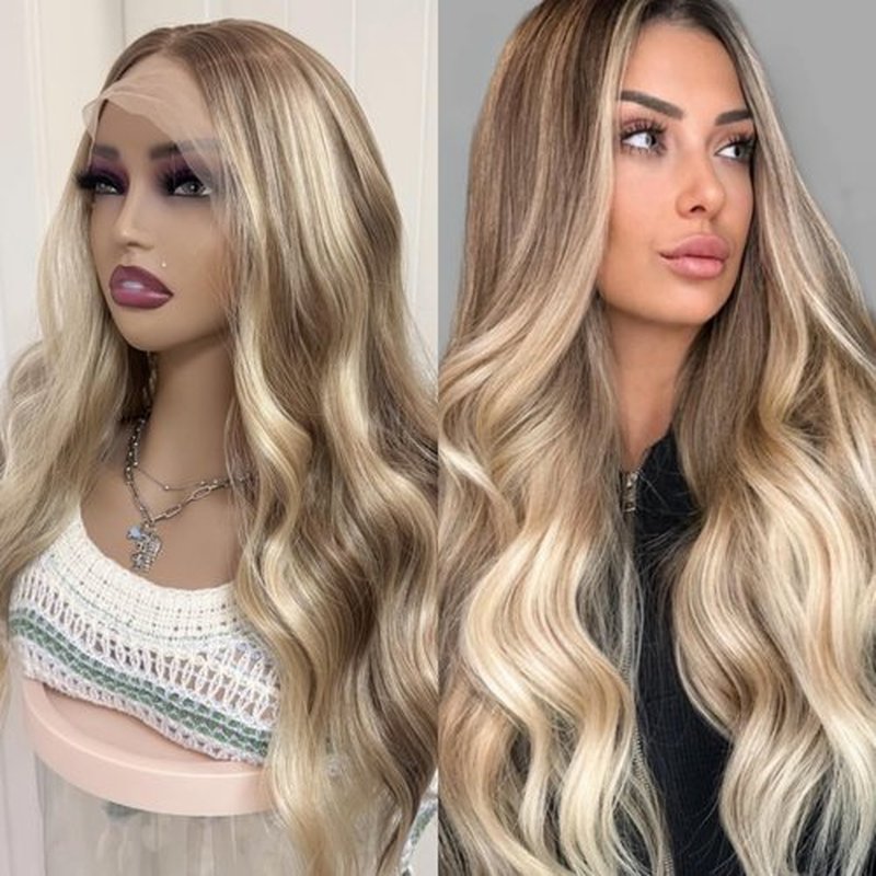Long Wavy Highlight Ombre Light Blonde Synthetic Heat Resistant Lace Front Wigs with Dark Roots Pre plucked Frontal #26/613 Body Wave Balayage Blonde Wig for Women 13x4 HD Lace Middle Part 22 Inch
