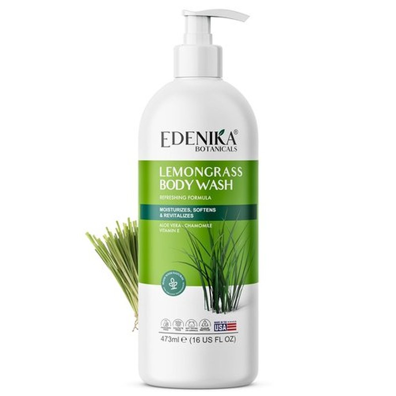 EDENIKA BOTANICALS Lemongrass Body Wash - Refreshing Vitamin E Shower Gel for Dry Skin | 16 fl oz
