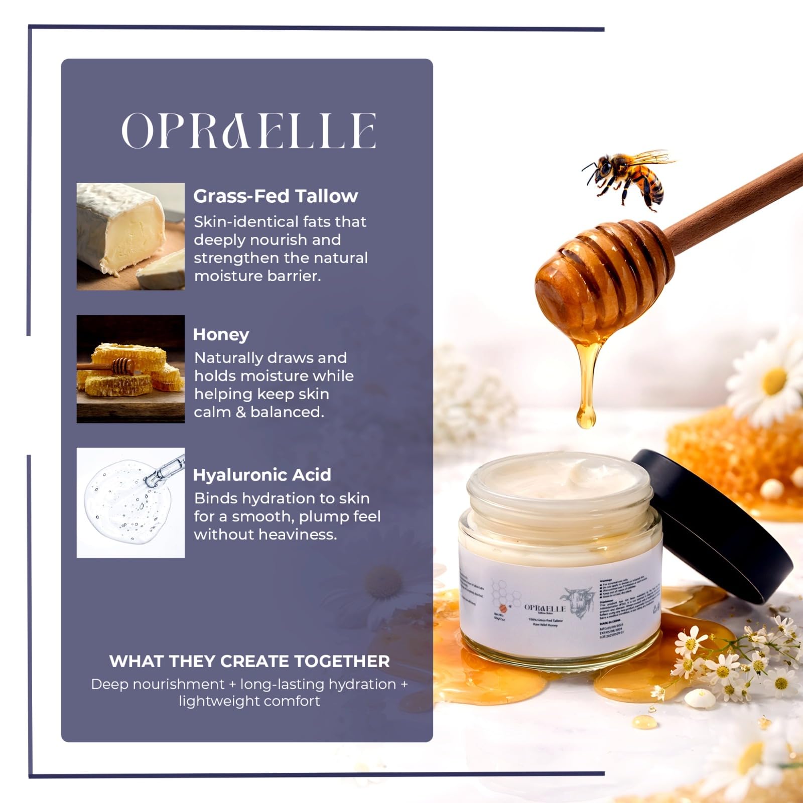 Opraelle Organic Grass-Fed Beef Tallow Balm with Raw Honey - Moisturizing Cream for Soft, Smooth Skin All-Natural Moisturizer (4oz with Applicator)
