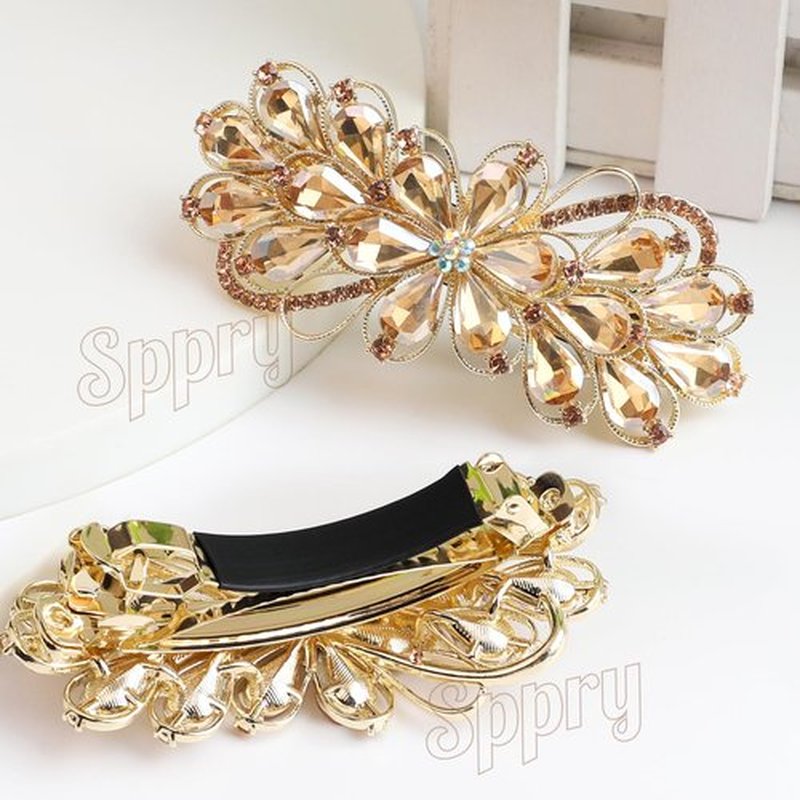 Sppry Large Gorgeous Rhinestone Hair Barrette for Women, Flower Jewelry Design (Champagne)