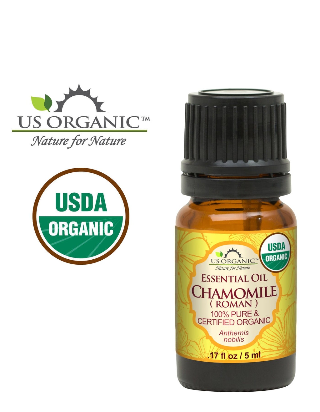 US Organic 100% Pure Chamomile (Roman) Essential Oil - USDA Certified Organic, Steam Distilled - W/Euro Dropper (More Size Variations Available) (5 ml / 1/6 fl oz)