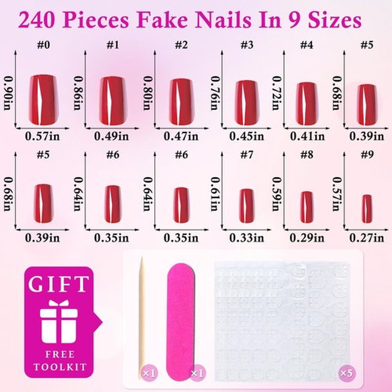 240pc Red Press on Nails Short Square Fake Nails with Adhesive Tabs, Square Nails Press ons Red Glue on Nails Short Acrylic Nails Stick False Artificial Fingernail for Women Girls