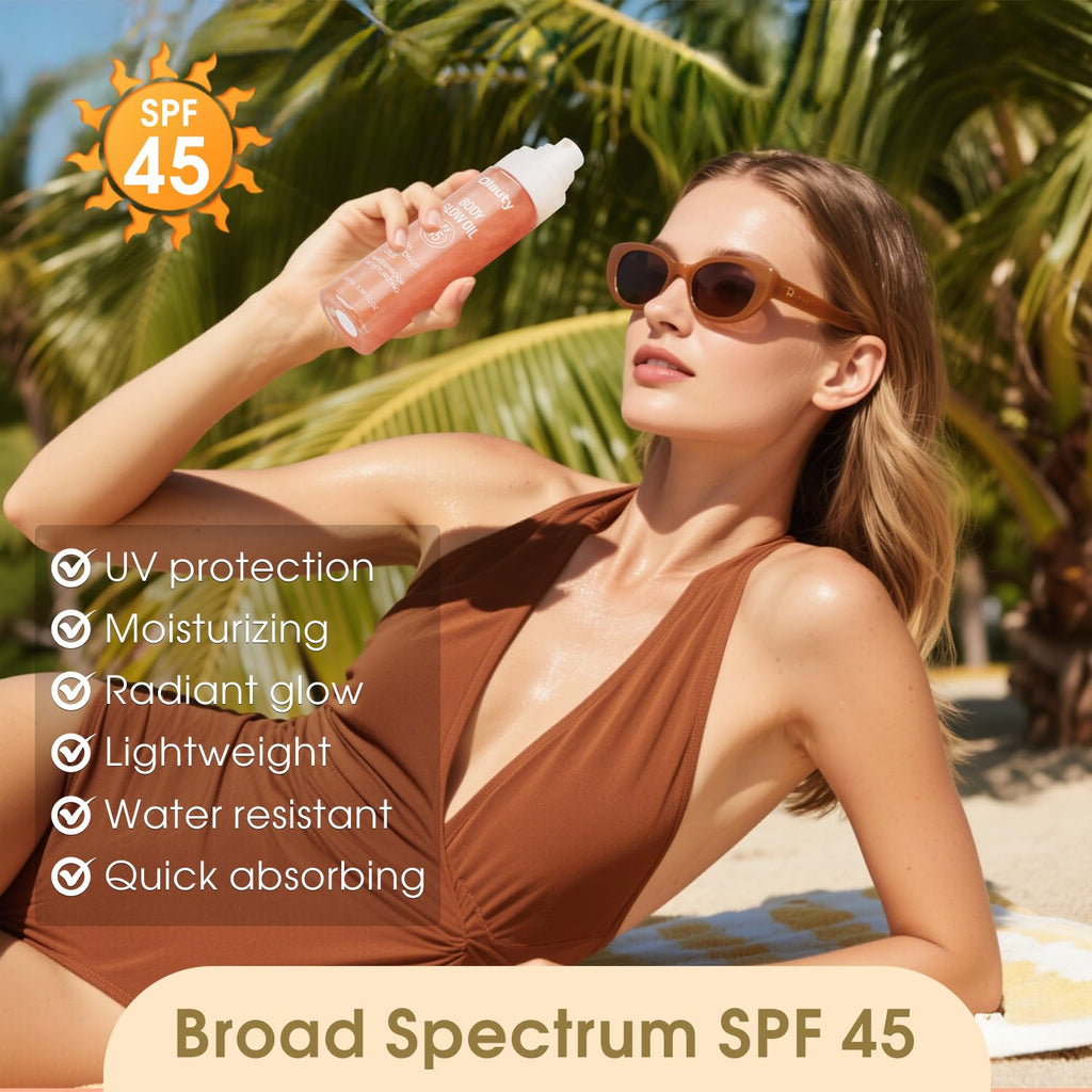 Body Glow Oil,SPF 45,Sunscreen Body Oil,Lightweight Glowing Lotion,Moisturizing Coconut Oils,Waterproof Non Sticky Texture Easy Absorb Shimmer Skin Moisturizer Beach Travel Essentials (#02 Rose)
