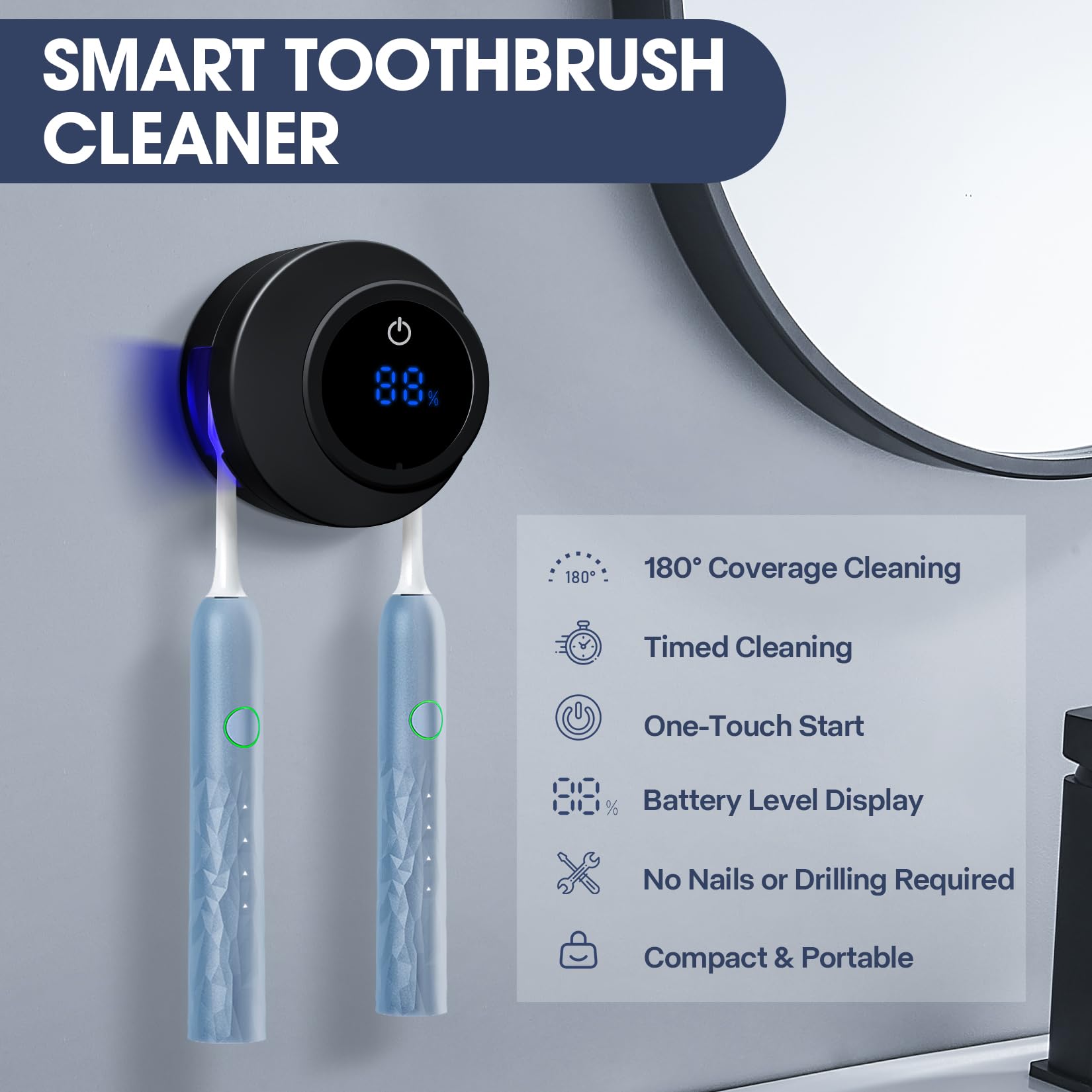 LXIANGN Toothbrush Holders Cleaner & Dryer for Bathroom,Wall Mounted Toothbrush Holder Case with LED Smart Screen,Toothbrush Cleaner with Auto Inductive Open/Close Cover for Home Travel (Black)