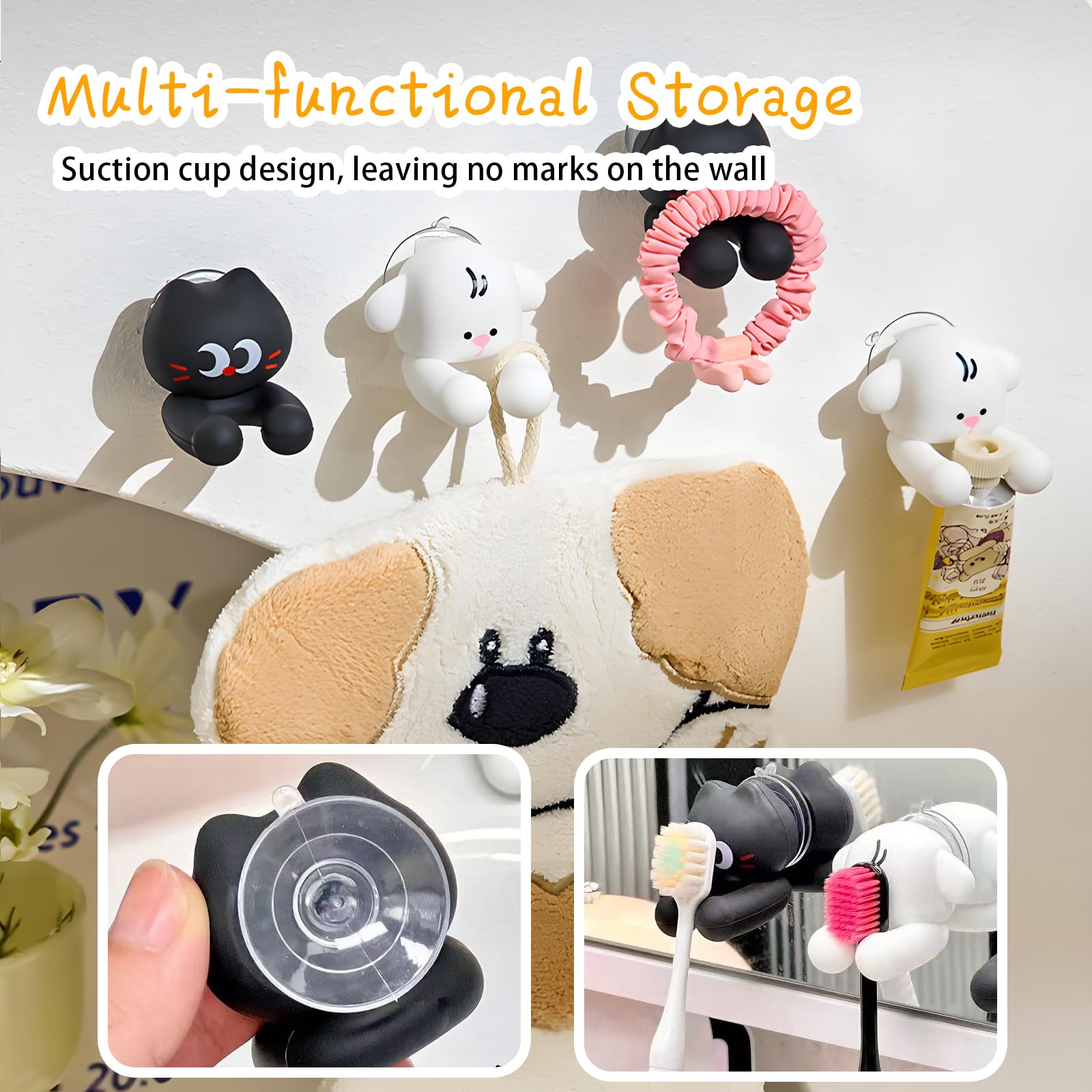 2 PCS Kids' Bathroom Toothbrush Holder,Suction Mount Silicone Toothbrush Holder,Cute Cartoon Cat and Dog Design, Perfect for Kids and Families
