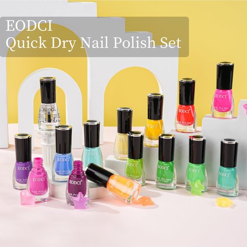 eodci 16 PCS Nail Polish Set, 15 Bright Colors Quick Dry Nail Polish Kit With 2in1 Base/Top Coat Spring Summer Colors Finger Nail Polish Pack Glossy Toenail Polish DIY Gifts for Women