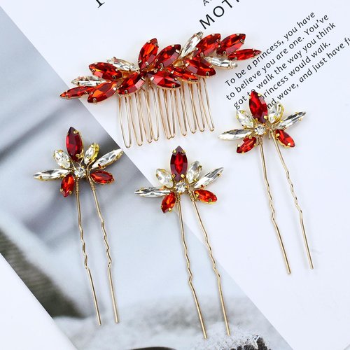 Dizila 7 Pieces Decorative Red Party Prom Wedding Bridal Rhinestone Hair Side Comb+U-shaped Hair Pins Accessories for Women Girls Brides Bridesmaids