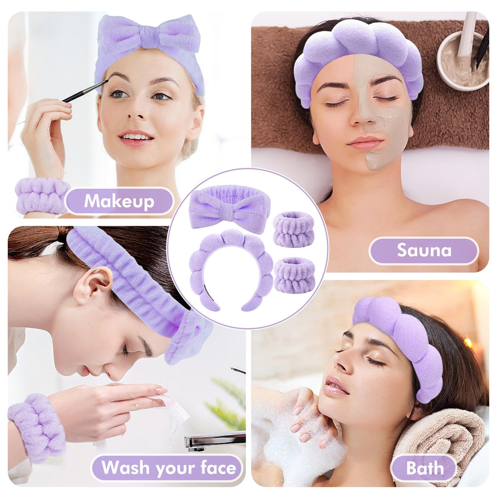 Zkptops 6Pcs Spa Headband for Washing Face Wristbands Set Women Bubble Makeup Sponge Terry Cloth Padded Puffy Skincare Headband Bow Tie Hairband Cute Non Slip Thick Hair Accessory Gifts (Purple)