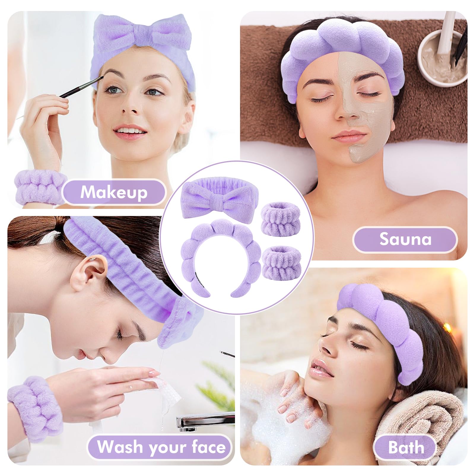 Zkptops 6Pcs Spa Headband for Washing Face Wristbands Set Women Bubble Makeup Sponge Terry Cloth Padded Puffy Skincare Headband Bow Tie Hairband Cute Non Slip Thick Hair Accessory Gifts (Purple)