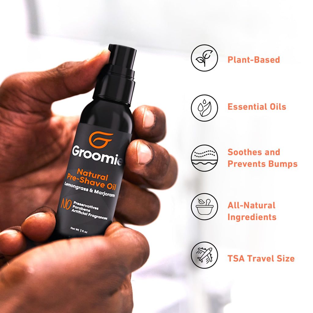 GROOMIE Natural Pre-Shave Oil for Bald Headed Men and Women | Specially Formulated Plant Based Recipe with Milk Thistle Seed, Essential Oils, Antioxidants, and Vitamin E | Promotes Close Shave -1 OZ
