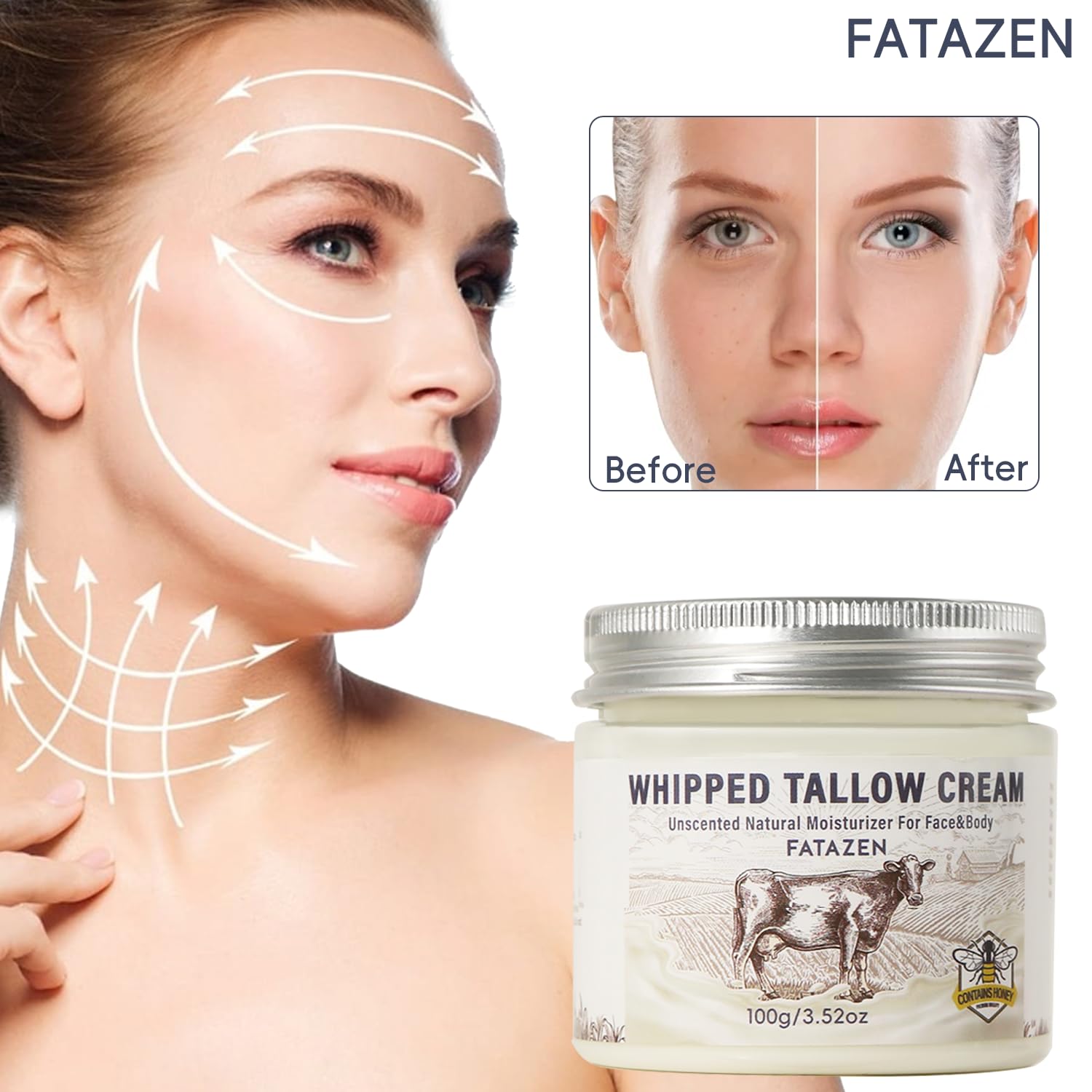 FATAZEN Grass Feed Handmade Whipped Beef Tallow Cream for Skin, Anti-Aging Skincare Face & Body Cream with Retinol & Niacinamide, Non Greasy hyaluronic acid Moisturizer for All Skin Type, 3.53 oz.