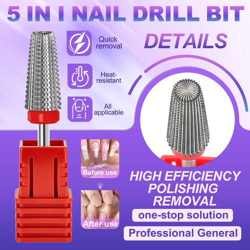 FANTEXY 3/32" Carbide Nail Drill Bits - 5 in 1 Cuticle Drill Bits for Nails, Gel Remover Drills Bit, Professional Nails File Bits for Old Skin and Nails, Manicure Pedicure Gel Polishing (Fine - F)