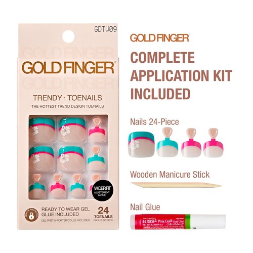 GoldFinger 24 Pcs Press On Toenails, Wide Fit Fake Nails, French Tip Gel Stick On Extensions, Reusable DIY Pedicure False Nail Kit with Glue, Cuticle Stick & File, 7 Day Long Lasting Wear