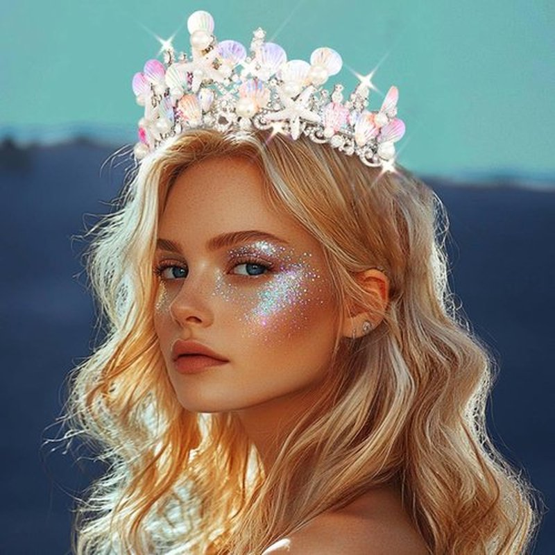JEAIRTS Mermaid Crown Silver Shell Tiara Sparkly Ocean Princess Hair Accessories for Women