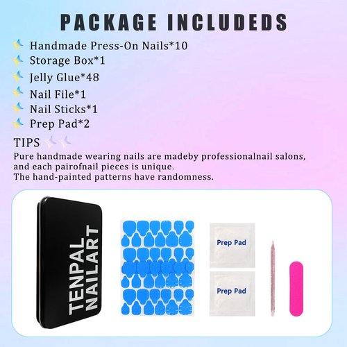 TENPAL Duckbill Press on Nails - Ocean 3D Floral Teal Blushing Ombre Design | Icy Glossy Duck Fake Nails with Handmade Carving | Mermaid Y2K Style Glue on Nails for Resort Vacation(M)